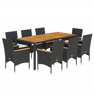 9 pcs conjunto jantar jardim c/ almofadões vime PE/acácia preto H