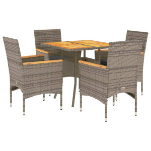 Set de comedor jardín 5 pzas con cojines ratán PE acacia gris H