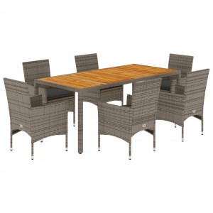 Set de comedor jardín 7 pzas con cojines ratán PE acacia gris H