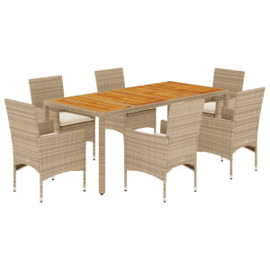 7 pcs conjunto jantar jardim c/ almofadões vime PE/acácia bege H