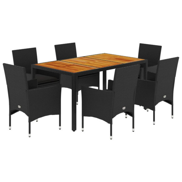Set de comedor jardín 7 pzas con cojines ratán PE acacia negro M 2
