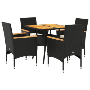 Set de comedor jardín 5 pzas con cojines ratán PE acacia negro H