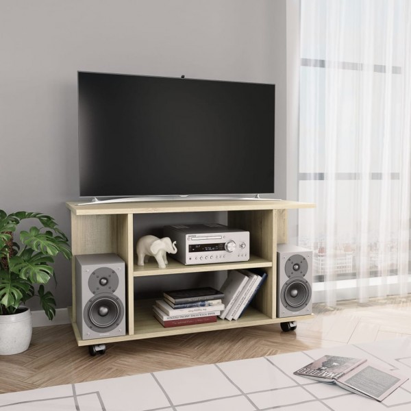 Mueble de TV ruedas madera contrachapada color roble 80x40x40cm D