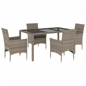 5 pcs conjunto jantar jardim c/ almofadões vime PE/vidro cinza H