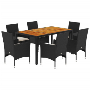 7 pcs conjunto jantar jardim c/ almofadões vime PE/acácia preto H
