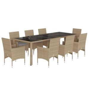 9 pcs conjunto jantar jardim com almofadões vime PE/vidro bege H