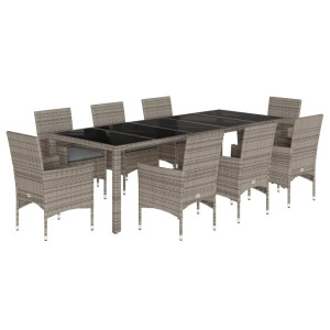9 pcs conjunto jantar jardim c/ almofadões vime PE/vidro cinza H