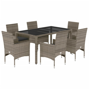 7 pcs conjunto jantar jardim c/ almofadões vime PE/vidro cinza H