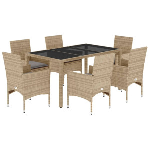 7 pcs conjunto jantar jardim com almofadões vime PE/vidro bege H