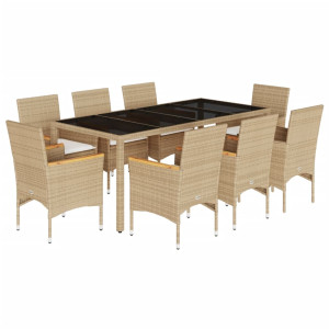9 pcs conjunto jantar jardim com almofadões vime PE/vidro bege H