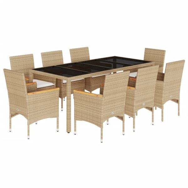 Set comedor jardín 9 pzas cojines ratán sintético vidrio beige M 2