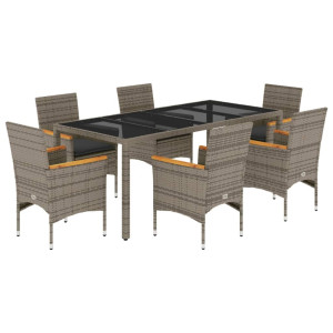 7 pcs conjunto jantar jardim c/ almofadões vime PE/vidro cinza H