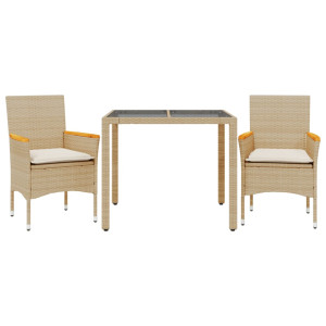 3 pcs conjunto jantar jardim com almofadões vime PE/vidro bege H