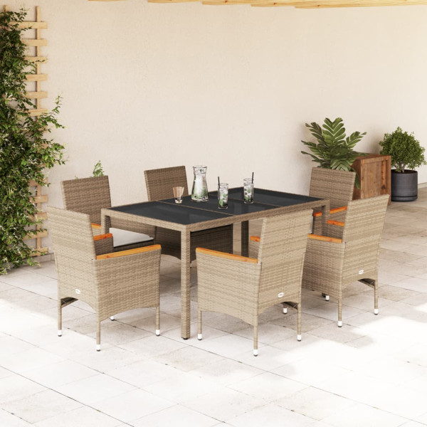 Set comedor jardín 7 pzas cojines ratán sintético vidrio beige D