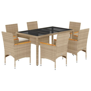 7 pcs conjunto jantar jardim com almofadões vime PE/vidro bege H