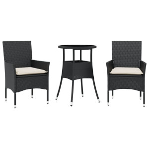 3 pcs conjunto jantar jardim c/ almofadões vime PE/vidro preto H