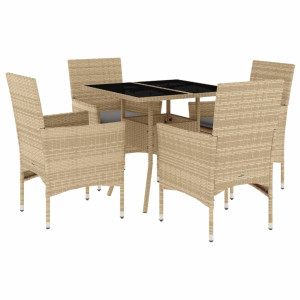 5 pcs conjunto jantar jardim com almofadões vime PE/vidro bege H