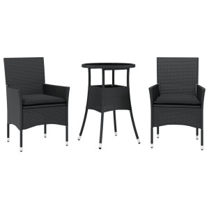 3 pcs conjunto jantar jardim c/ almofadões vime PE/vidro preto H