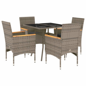 5 pcs conjunto jantar jardim c/ almofadões vime PE/vidro cinza H