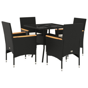 5 pcs conjunto jantar jardim c/ almofadões vime PE/vidro preto H