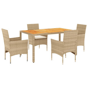 5 pcs conjunto jantar jardim c/ almofadões vime PE/acácia bege H