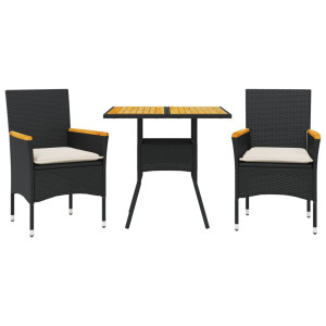 3 pcs conjunto jantar jardim c/ almofadões vime PE/acácia preto H