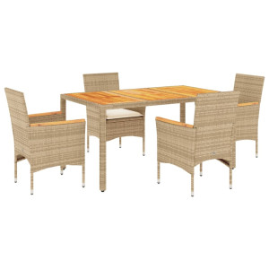 5 pcs conjunto jantar jardim c/ almofadões vime PE/acácia bege H