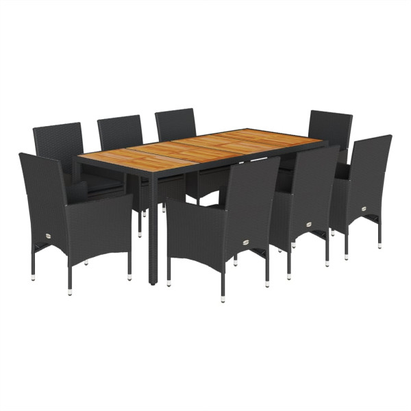 Set de comedor jardín 9 pzas con cojines ratán PE acacia negro M 2