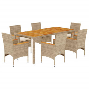 7 pcs conjunto jantar jardim c/ almofadões vime PE/acácia bege H