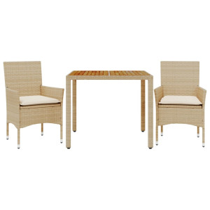 3 pcs conjunto jantar jardim c/ almofadões vime PE/acácia bege H