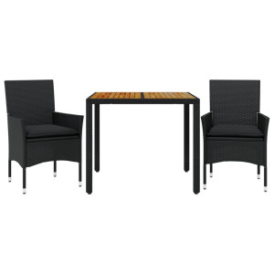 Set de comedor jardín 3 pzas con cojines ratán PE acacia negro H