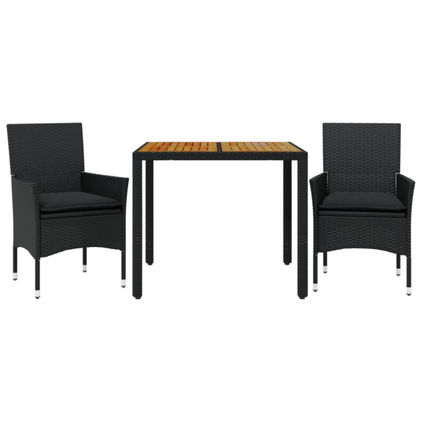 Set de comedor jardín 3 pzas con cojines ratán PE acacia negro M 2