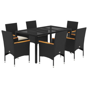 7 pcs conjunto jantar jardim c/almofadões vime PE/vidro preto H