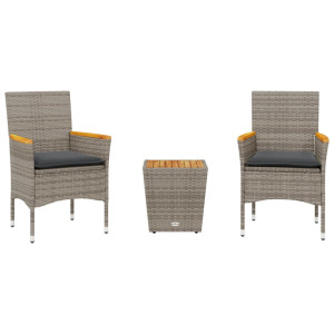 3 pcs conjunto de bistrô com almofadões vime PE/vidro cinza H