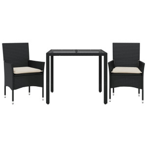3 pcs conjunto jantar jardim c/ almofadões vime PE/vidro preto H