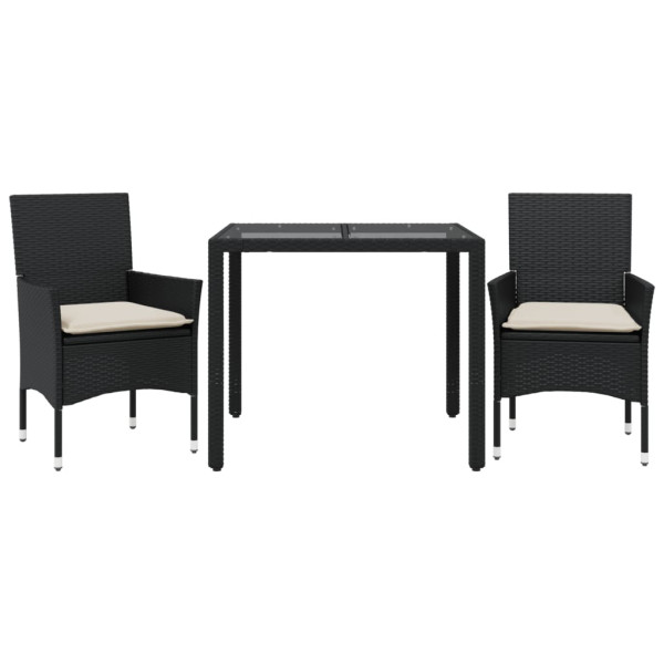 Set comedor jardín 3 pzas cojines ratán sintético vidrio negro M 2