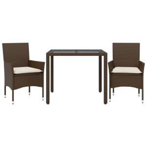 3pcs conjunto jantar jardim c/almofadões vime PE/vidro castanho H