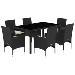 7 pcs conjunto jantar jardim c/almofadões vime PE/vidro preto H