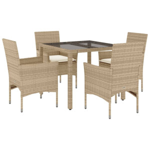 5 pcs conjunto jantar jardim com almofadões vime PE/vidro bege H
