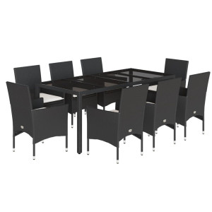 Set comedor jardín 9 pzas cojines ratán sintético vidrio negro H