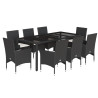 9 pcs conjunto jantar jardim c/ almofadões vime PE/vidro preto 2