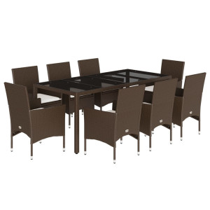 Set comedor jardín 9 pzas cojines ratán sintético vidrio marrón H