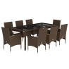 Set comedor jardín 9 pzas cojines ratán sintético vidrio marrón 2