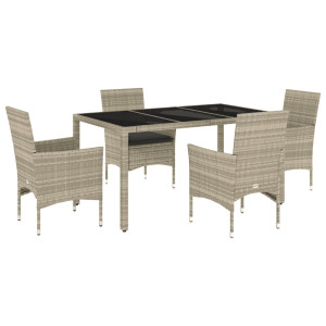5 pcs conjunto jantar jardim c/ almofadões PE/vidro cinza claro H