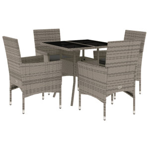 5 pcs conjunto jantar jardim c/ almofadões vime PE/vidro cinza H