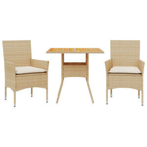 3 pcs conjunto jantar jardim c/ almofadões vime PE/acácia bege H