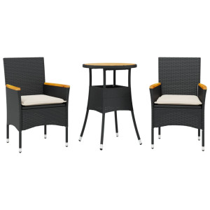 3 pcs conjunto jantar jardim c/ almofadões vime PE/acácia preto H