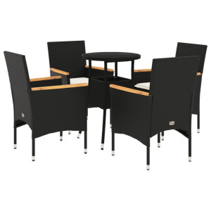 5 pcs conjunto jantar jardim c/ almofadões vime PE/vidro preto H