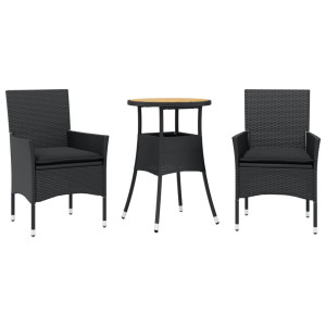 Set de comedor jardín 3 pzas con cojines ratán PE acacia negro H
