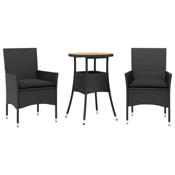 Set de comedor jardín 3 pzas con cojines ratán PE acacia negro M 2
